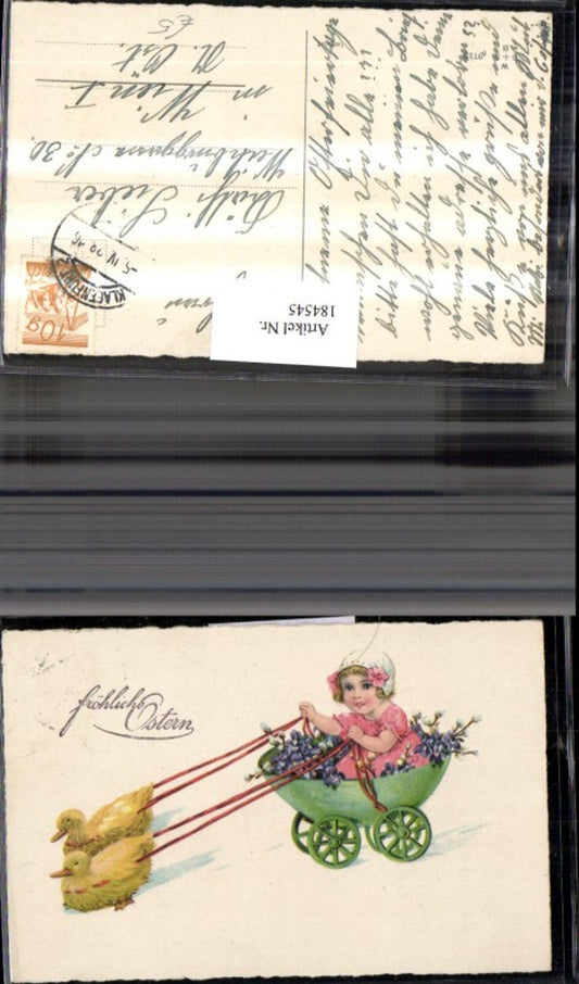184545, Easter Child in carriage Violets Palm branches Ducks