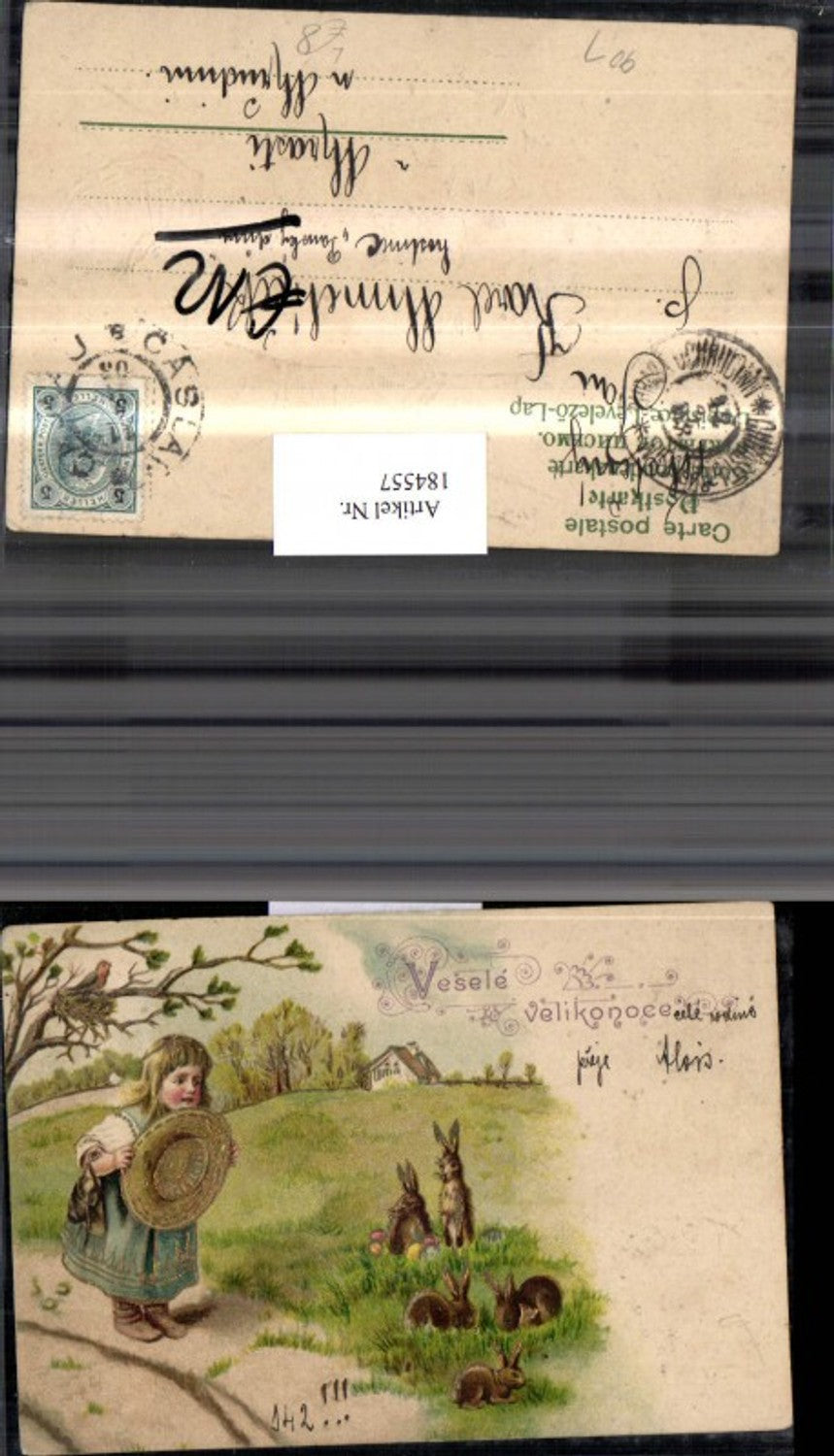 184557, Easter Lithograph AK Gold Print Girl with Hat Rabbits Colorful Easter Eggs Eggs Bird Nest Landscape