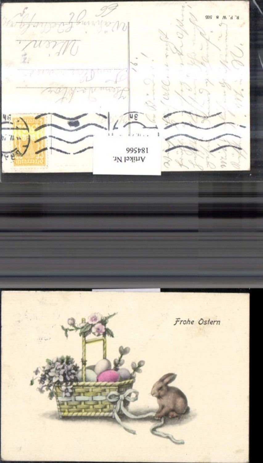 184566, Easter basket with Easter eggs, eggs, flowers, palm branches, ribbon, and rabbit