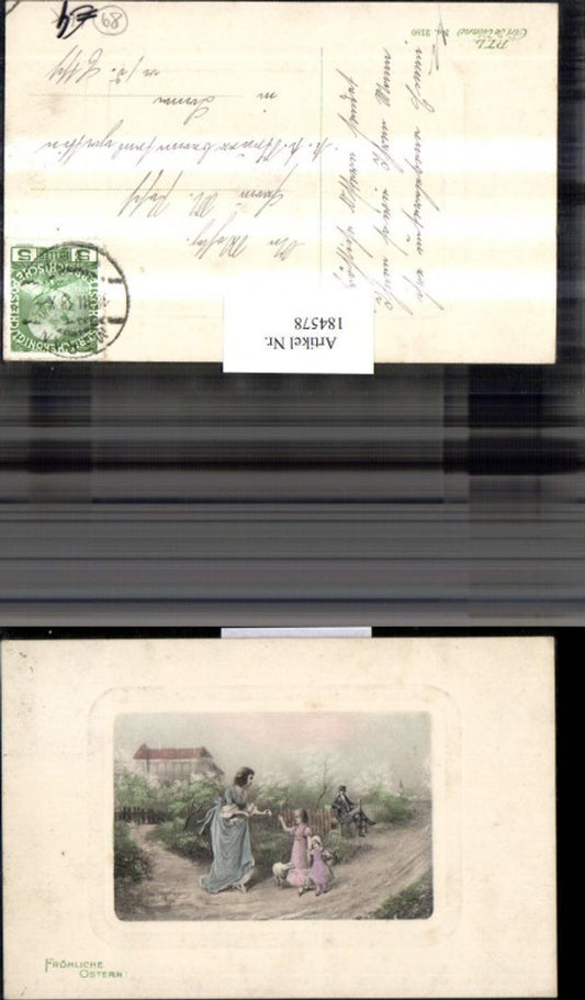 184578,Ostern Präge AK Frau m. Kinder Schaf Weg Mann auf Sitzbank