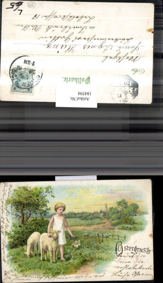 184594,Ostern Litho AK Landschaft Kind m. Schafe Blume