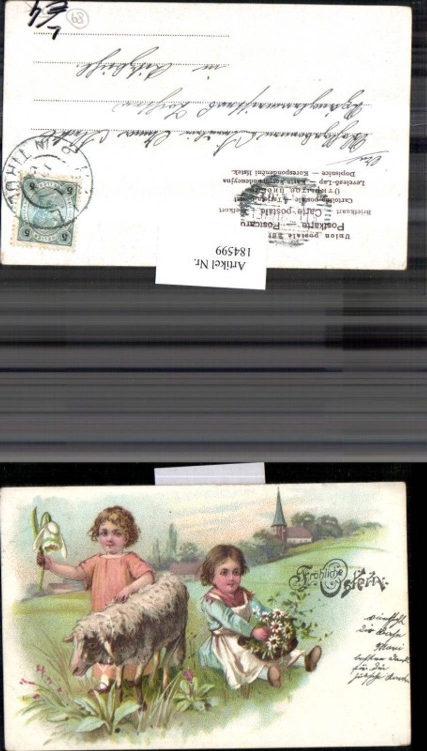 184599, Easter Lithograph AK Children Sheep Snowdrop Flowers Landscape