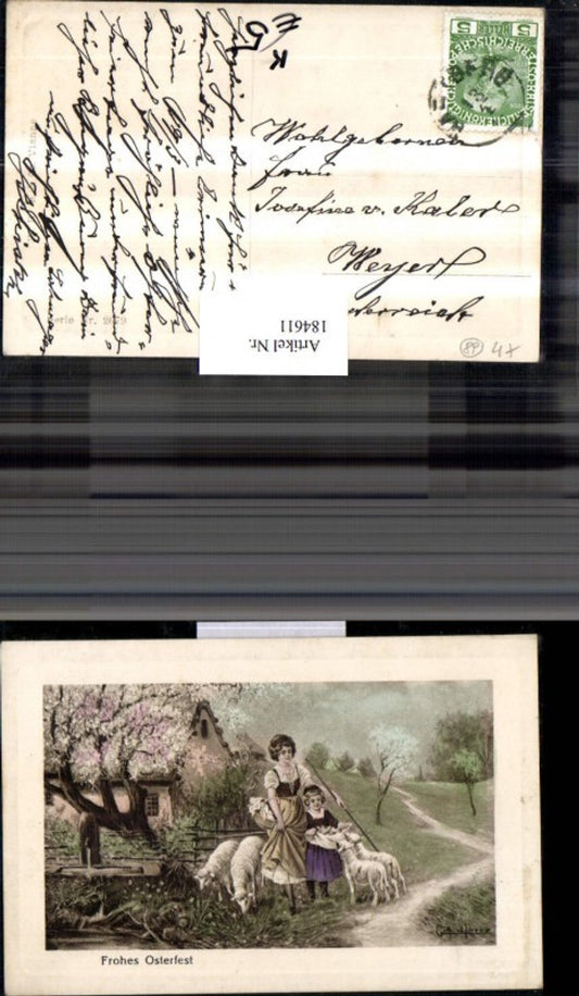 184611, Easter, artist, postcard, signed Gottfried Lorenz, woman with child, sheep, landscape