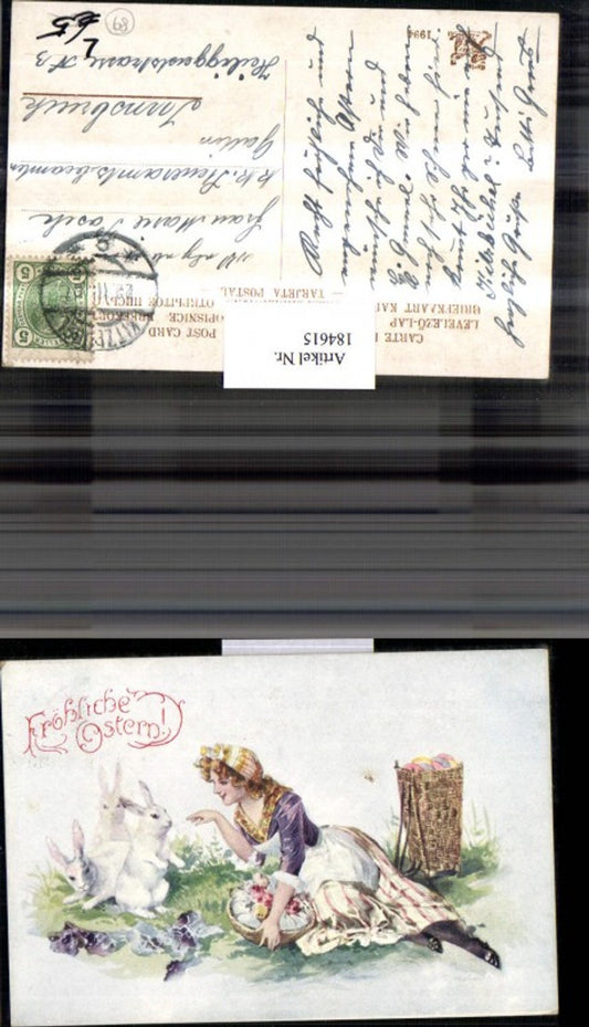 184615, Easter Lithograph AK Woman with basket Easter eggs Eggs Rabbits