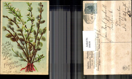 184630, Easter embossing postcard palm branches flower branches ribbon
