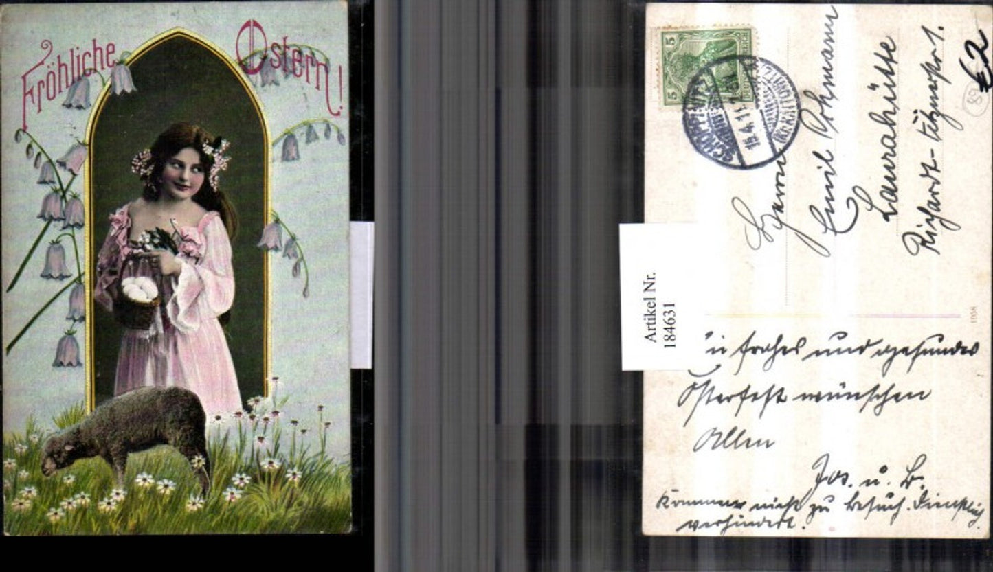 184631, Easter girl with dress, basket, eggs, bellflowers, flowers, sheep