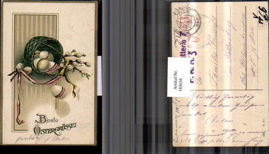 184636, Easter commemorative postcard, basket, eggs, palm branches, ribbon, patriotic, HWB 861, field post, KuK Battery 7