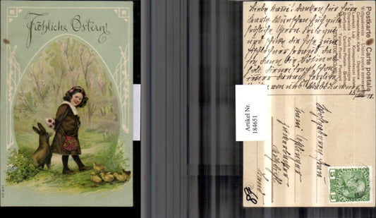 184651,Ostern Präge AK Mädchen m. Tasche Hase Küken Osterei Landschaft