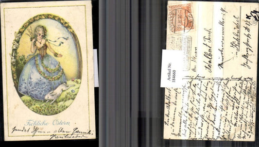 184660,Ostern Künstler AK sign. Schob-Posch Frau m. Kleid Hase Küken Ostereier Eier