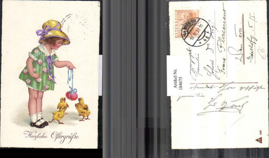 184675,Ostern Mädchen m. Hut u. Kleid Schleife Küken Osterei