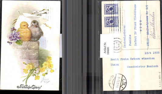 184681,Ostern Künstler AK sign. Kranzle Küken Mauer Veilchen Blumen Palmzweige