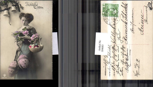 184683, Easter woman with dress, flowers, basket, eggs, bells