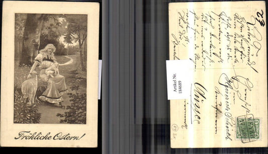 184689, Easter woman with dress sheep lamb forest path
