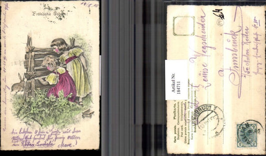 184711, Easter girl with dresses, fence, rabbit