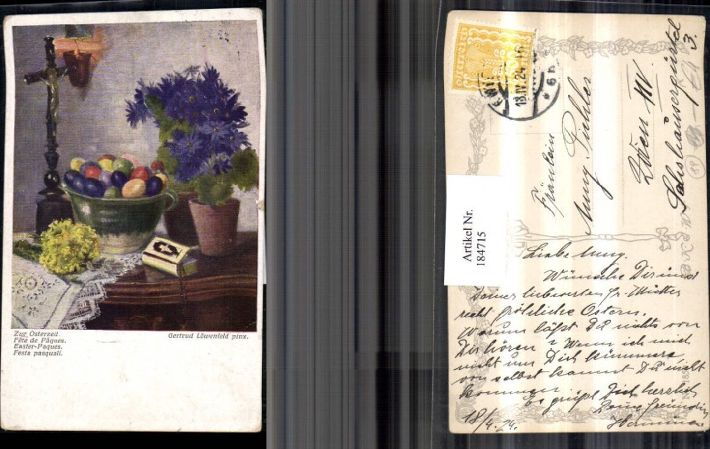 184715, Easter Artist AK signed Gertrud Löwenfeld At Easter time Cross Flowers Bible Easter eggs Eggs