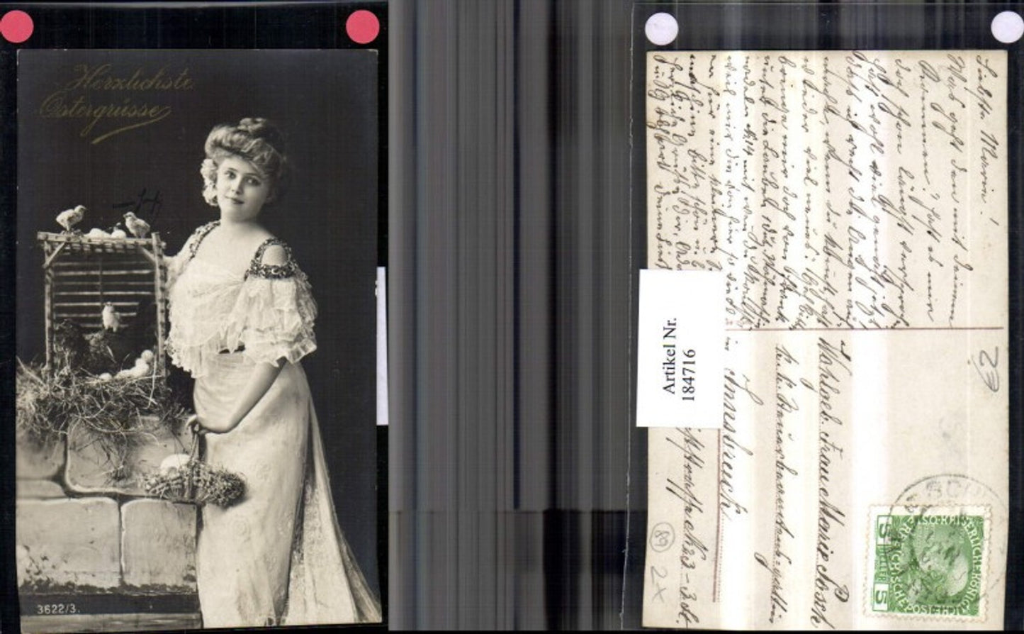 184716, Easter woman with dress, chicks, basket, eggs