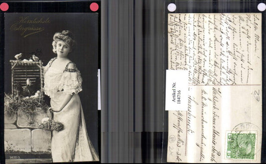 184716, Easter woman with dress, chicks, basket, eggs