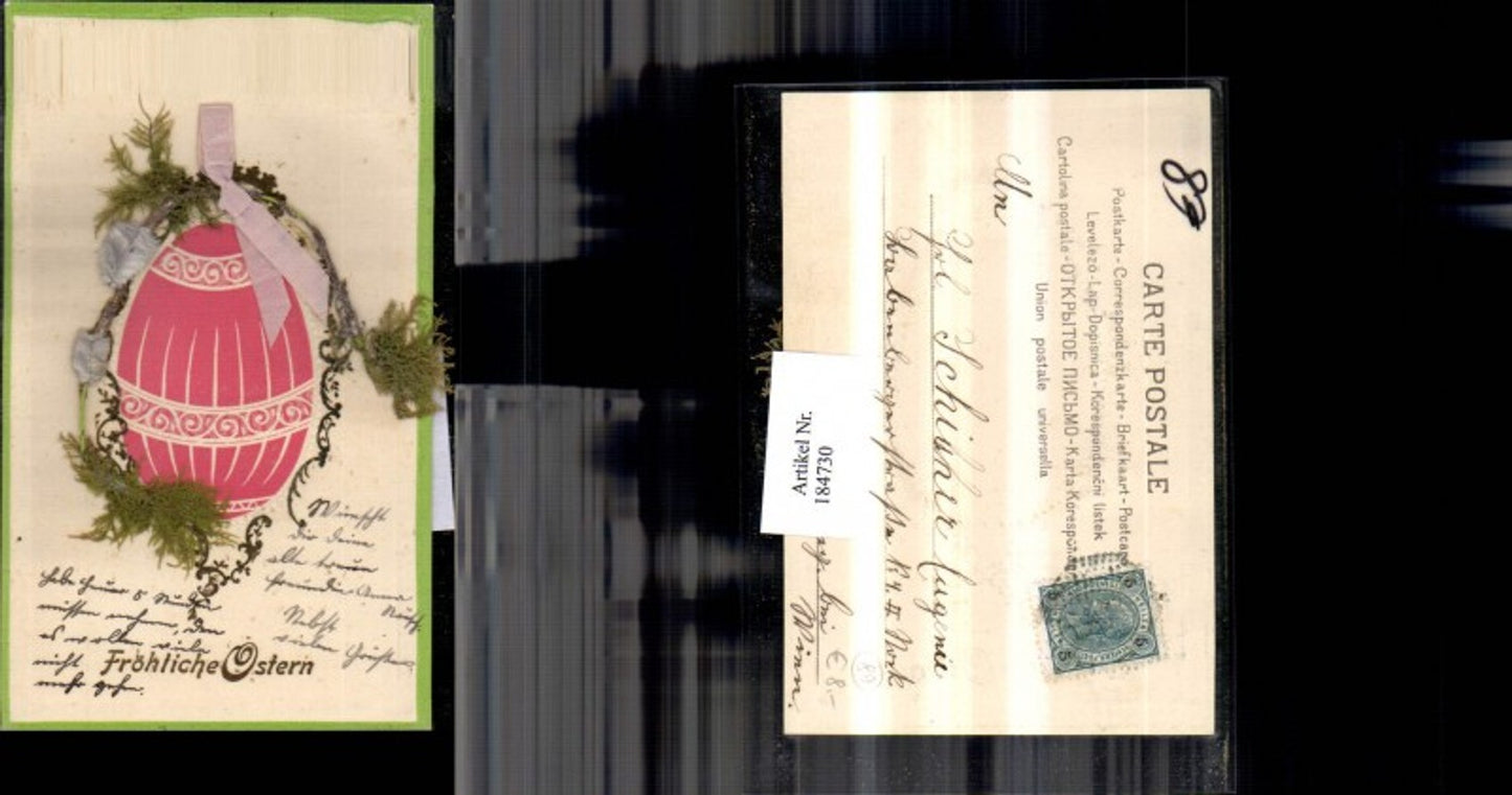 184730,Ostern Präge AK Ei Verzierung m. Echtem Moos Palmzweig u. Schleife