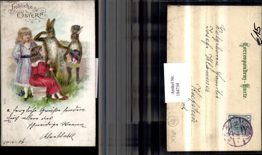 184734,Ostern Präge AK Mädchen m. Kleid Hasen vermenschlicht Zylinder Hut bunte Eier