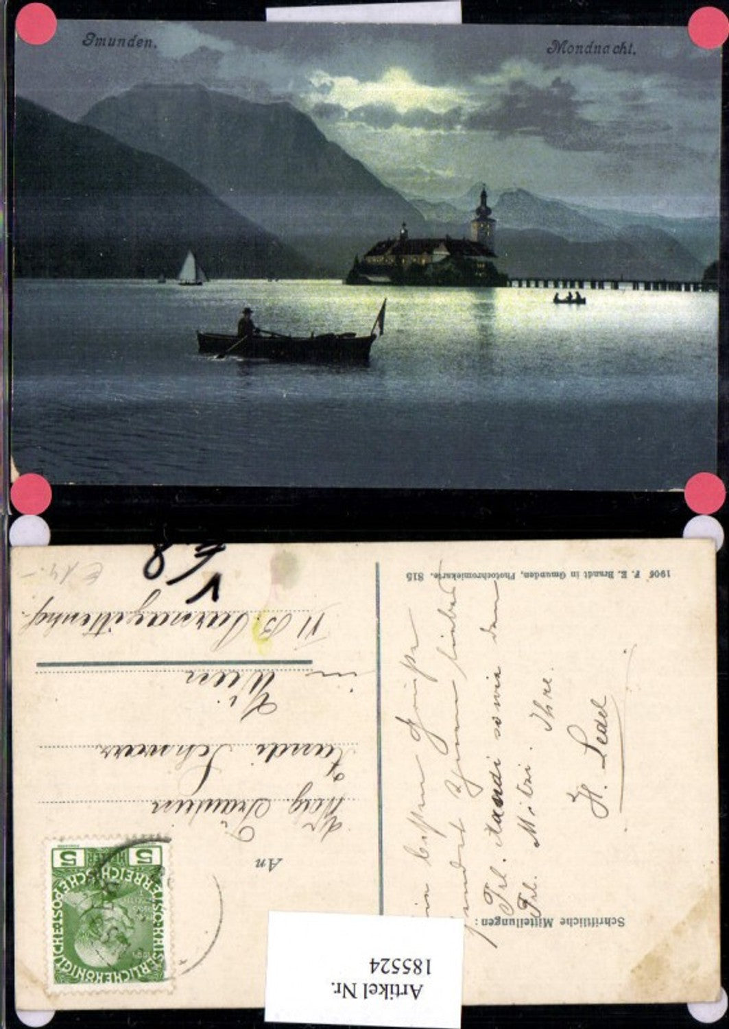 185524,Gmunden Schloss Ort Mondschein Boot pub Brandt 815