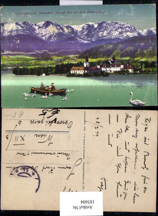 185604,Salzkammergut Gmunden Schloss Orth m. d. Höllengebirge Boot Schwäne pub Brandt 154