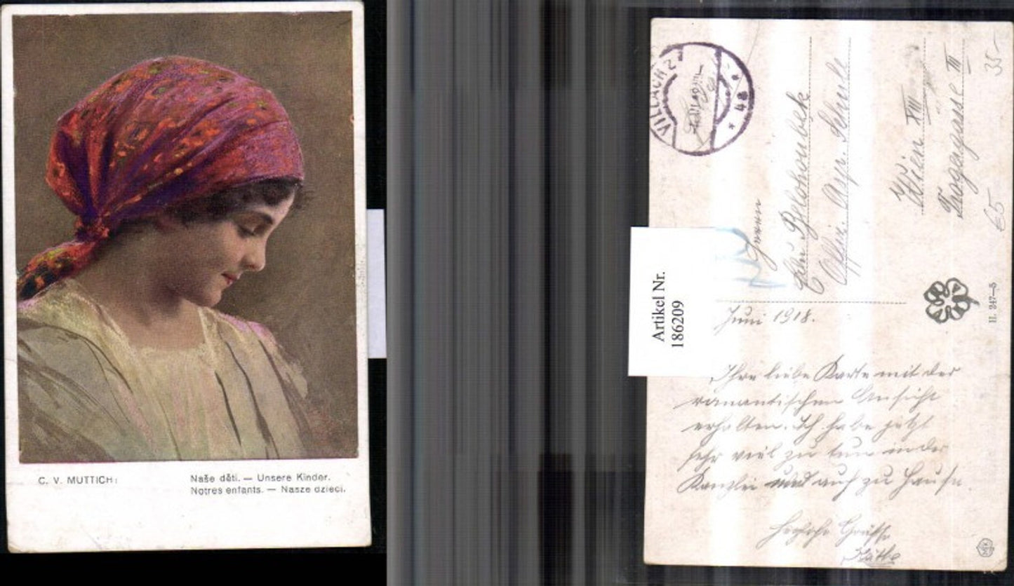 186209,Künstler AK C.V. Muttich Gypsy Mignon Unsere Kinder Mädchen m. Kopftuch