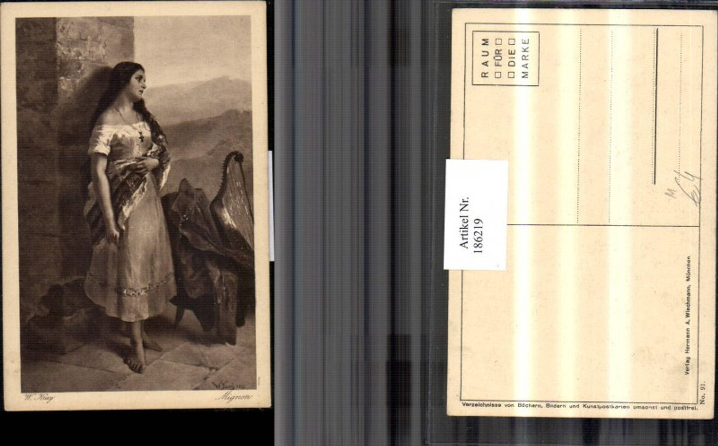 186219,Künstler AK W. Kray Gypsy Mignon Frau m. Kleid Kette Harfe