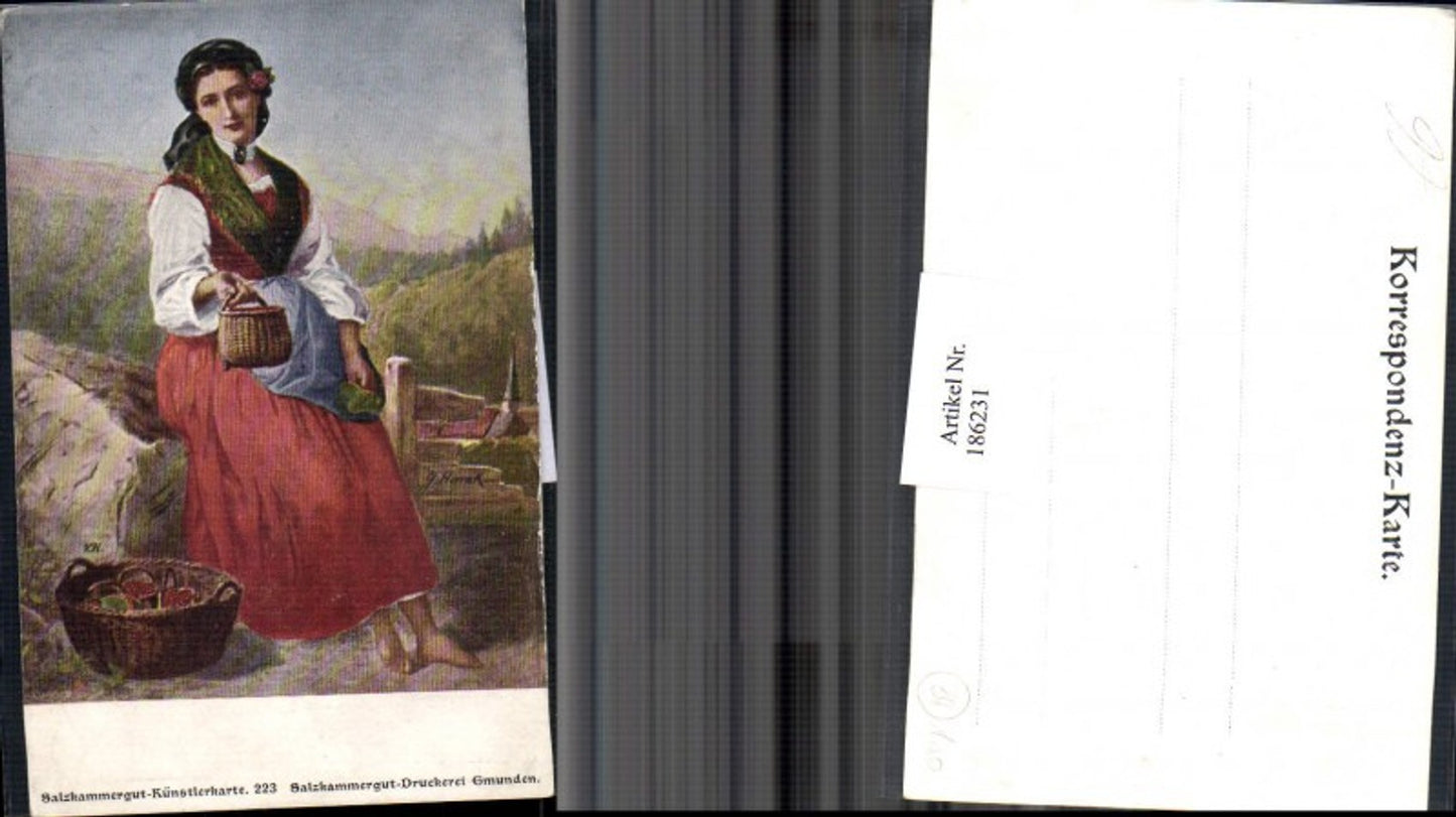 186231,Gypsy Mignon Frau m. Kleid Kopftuch Korb Salzkammergut