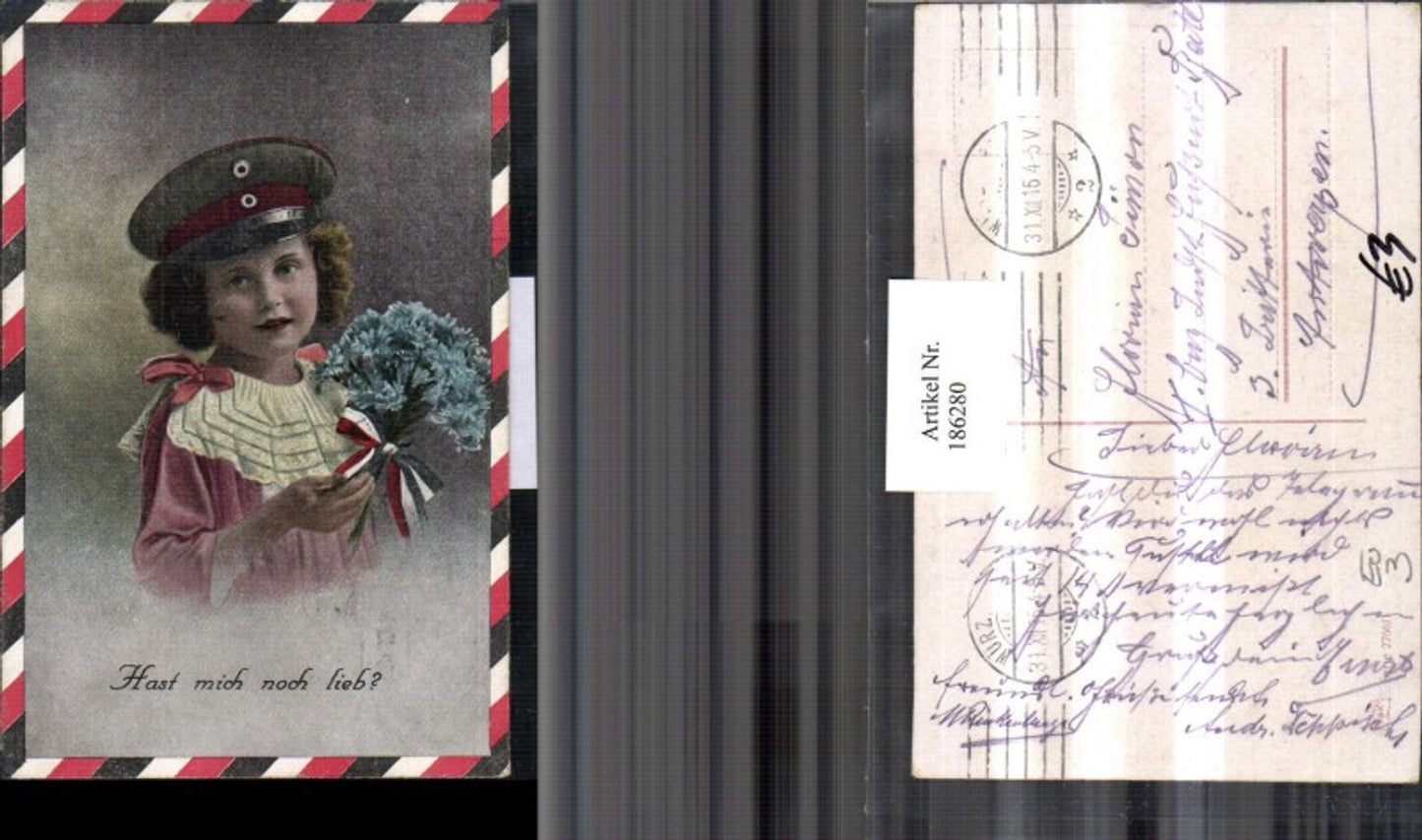 186280,Mädchen m. Mütze Blumenstrauß Schleife Patriotisch