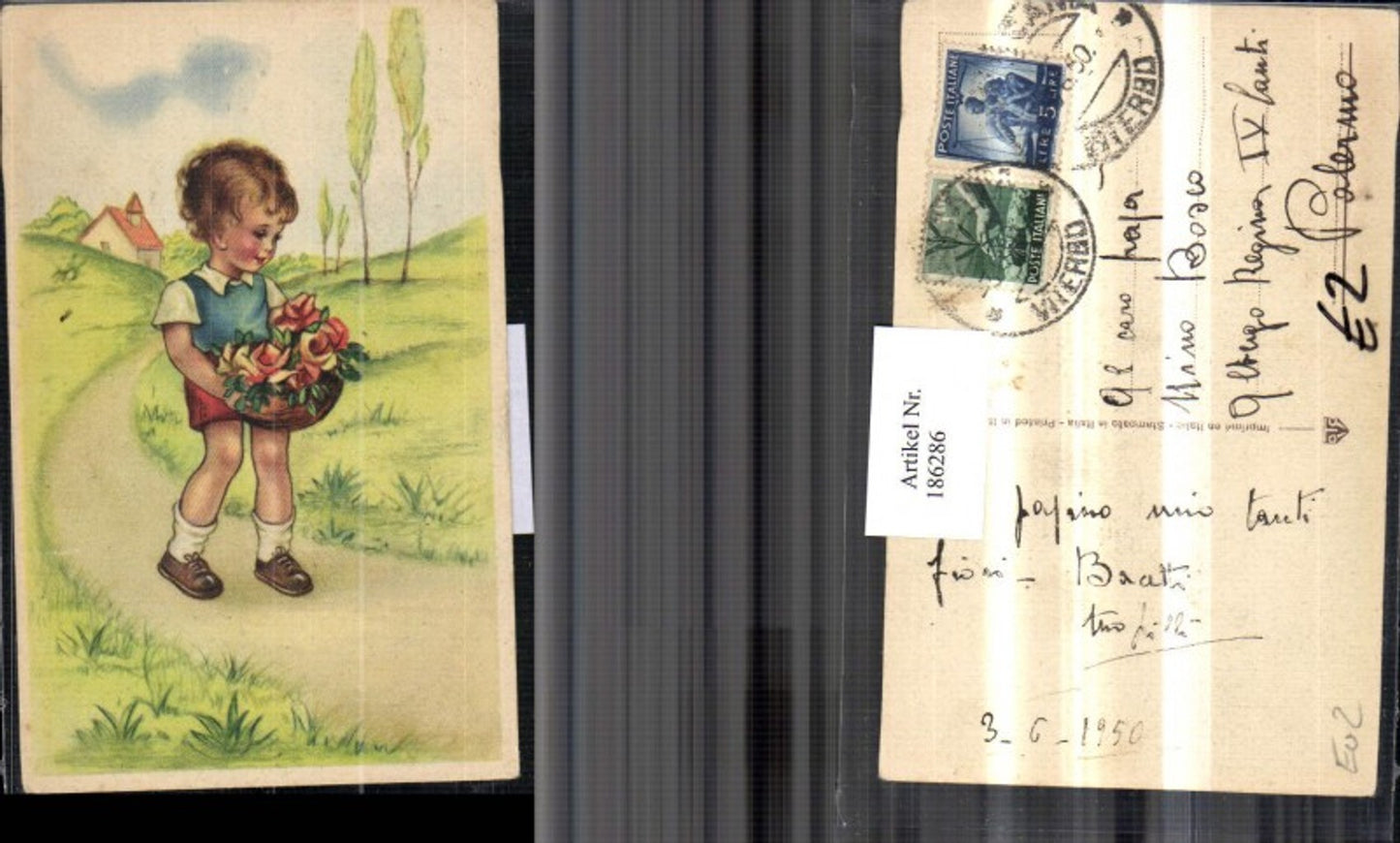 186286,Kind m. Korb Rosen Weg Wiese