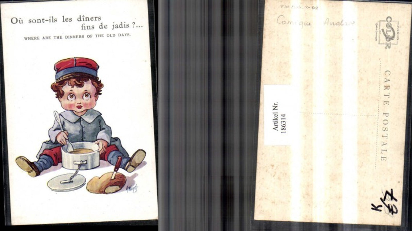 186314,Künstler AK A. Wuyts Junge als Soldat Unifrom Suppe Löffel Brot Messer