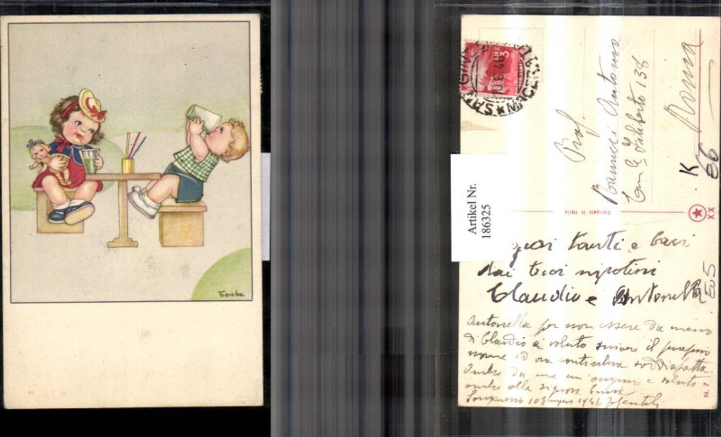 186325,Künstler AK Tomba Kinder am Tisch Puppe Glas Junge trinkt