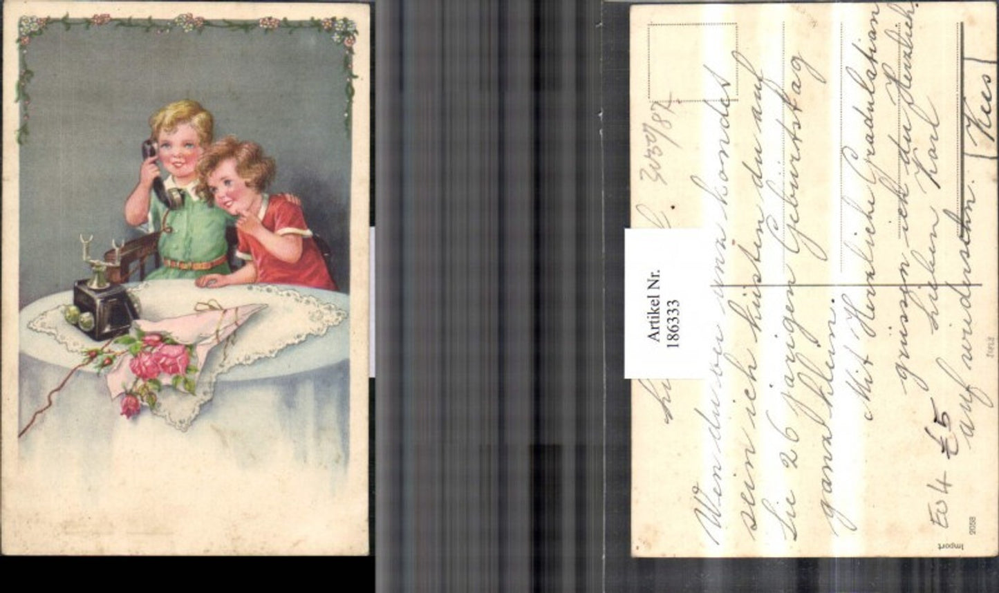 186333,Kinder am Tisch Telefon telefonieren Blumenstrauß Rosen