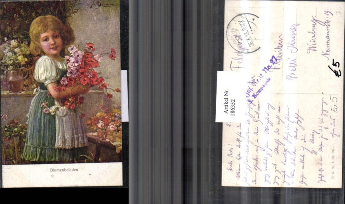 186352,Künstler AK Mädchen m. Kleid Blumenbeladen Blumen