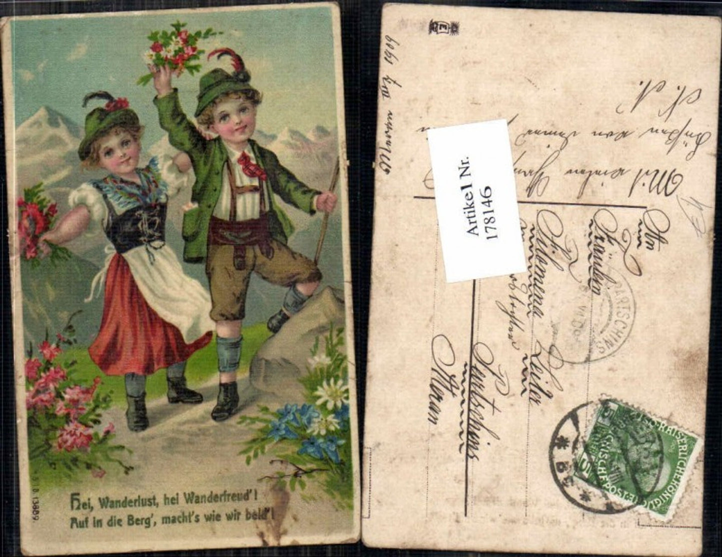 178146,Litho KInder junge winkt Tracht Blumen Spruch