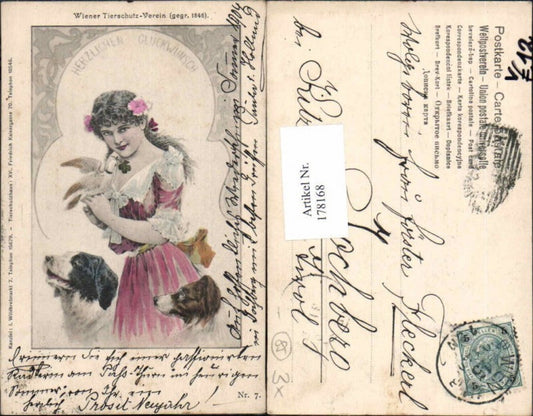 178168, Lithograph Vienna Animal Welfare Association No. 7 Vienna Girl Dog Dogs Bird