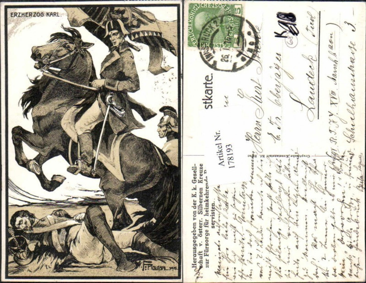 178193,Künstler AK R. Roubal Erzherzog Karl v. Österreich Pferd Schlacht Fürsorge Silbernen Kreuze