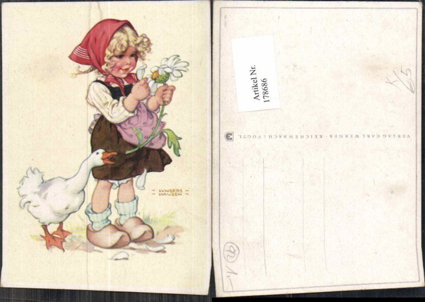 178686,Künstler AK Ilse Lungershausen Blume Mädchen Gans