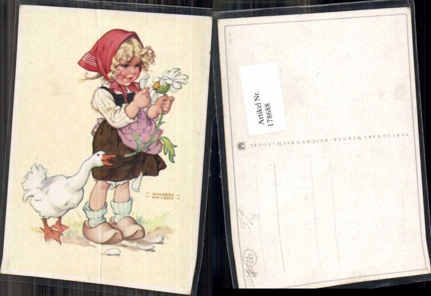 178688,Künstler AK Ilse Lungershausen Gans Blume Mädchen
