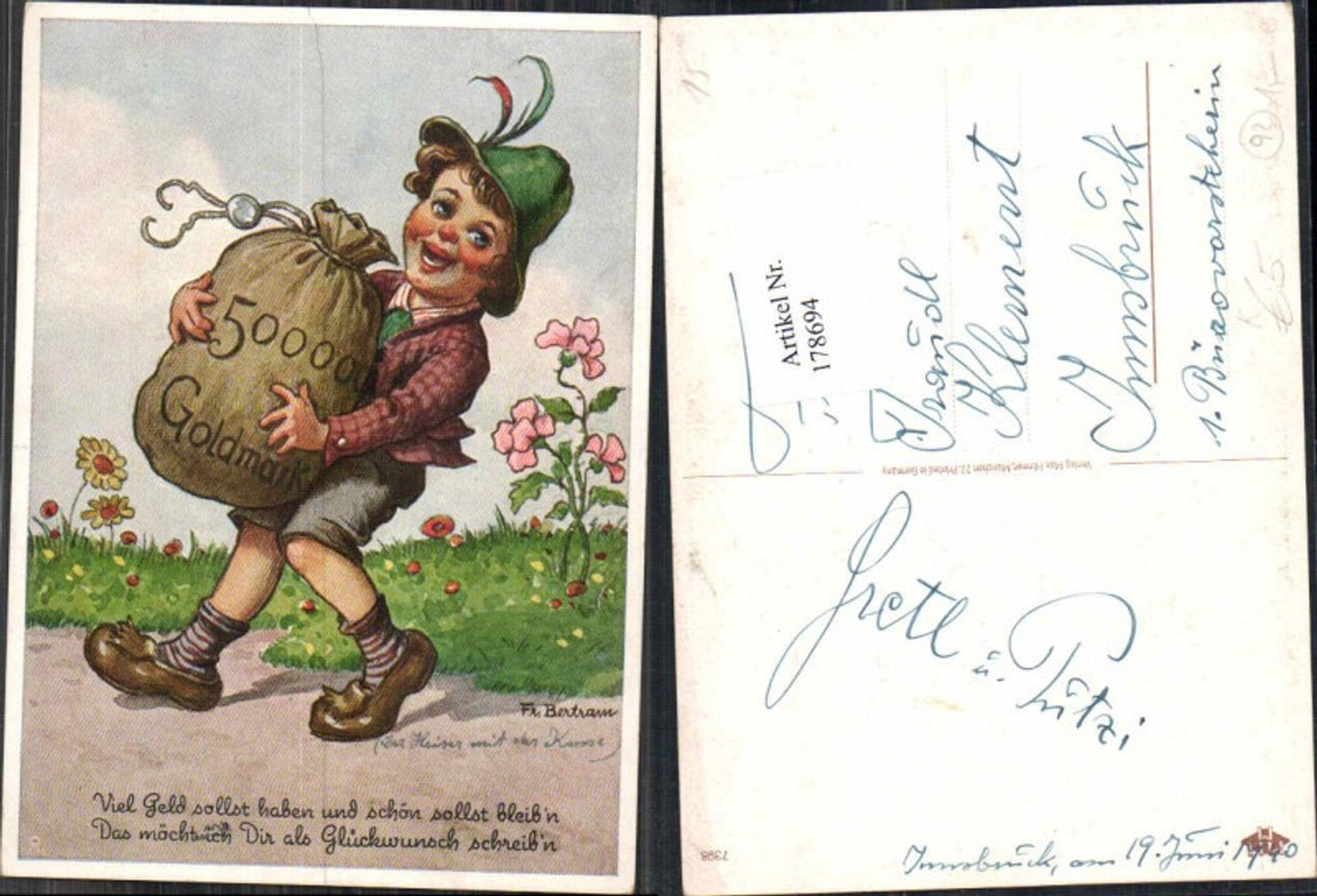 178694,Künstler AK Fr. Bertram Kinder Junge Geld Geldsack