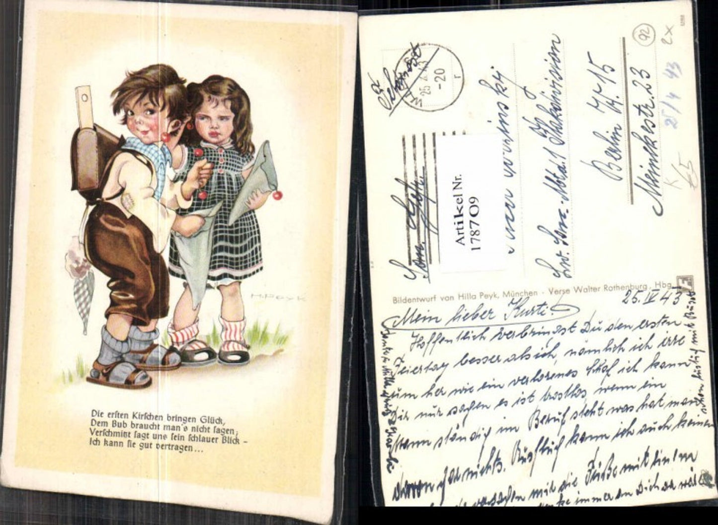 178709,Künstler AK Hilla Peyk Schulkinder Kirschen