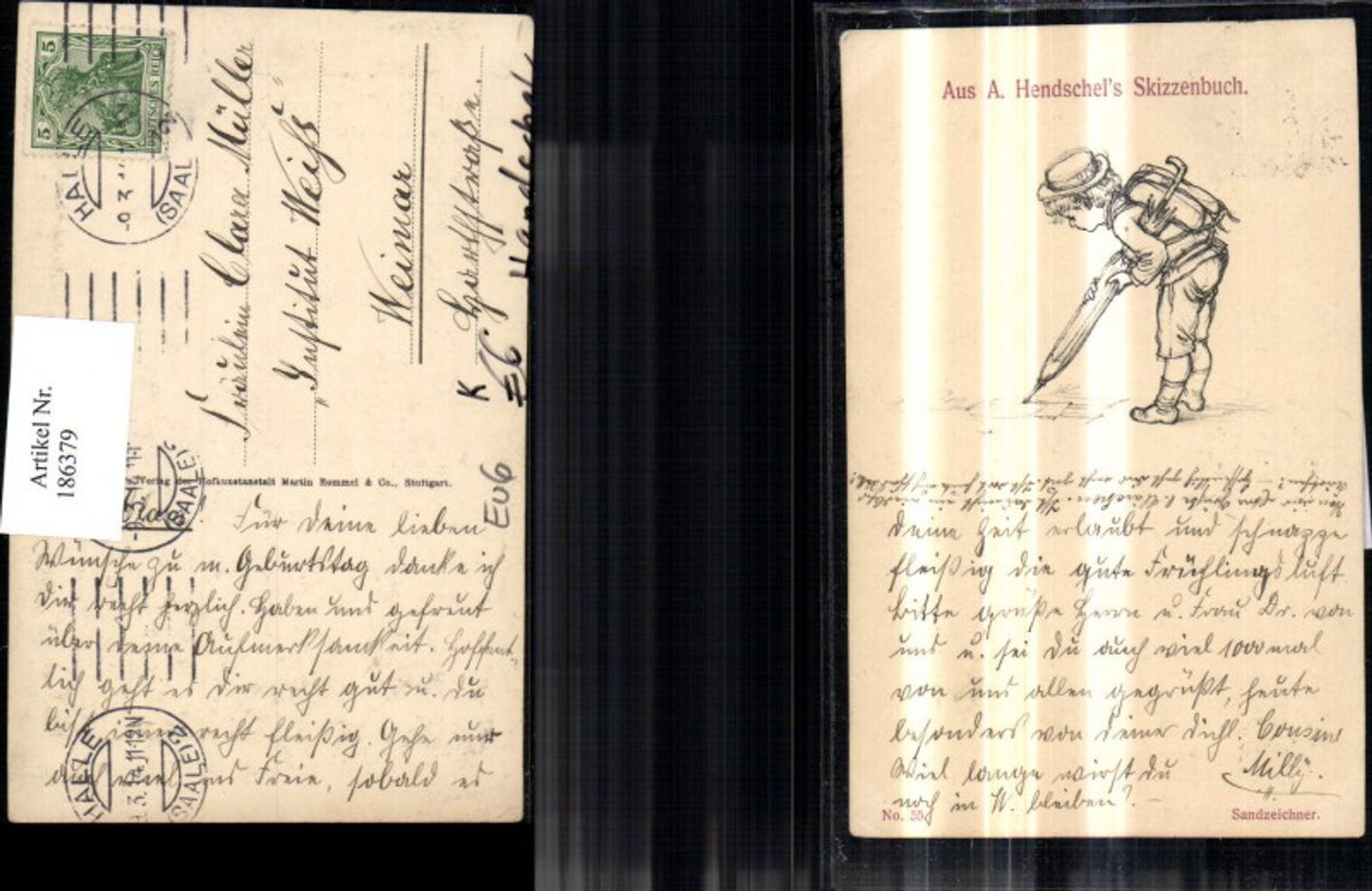 186379,Künstler Ak A. Hendschel Kind Junge m. Riesenregenschirm b. Schreiben