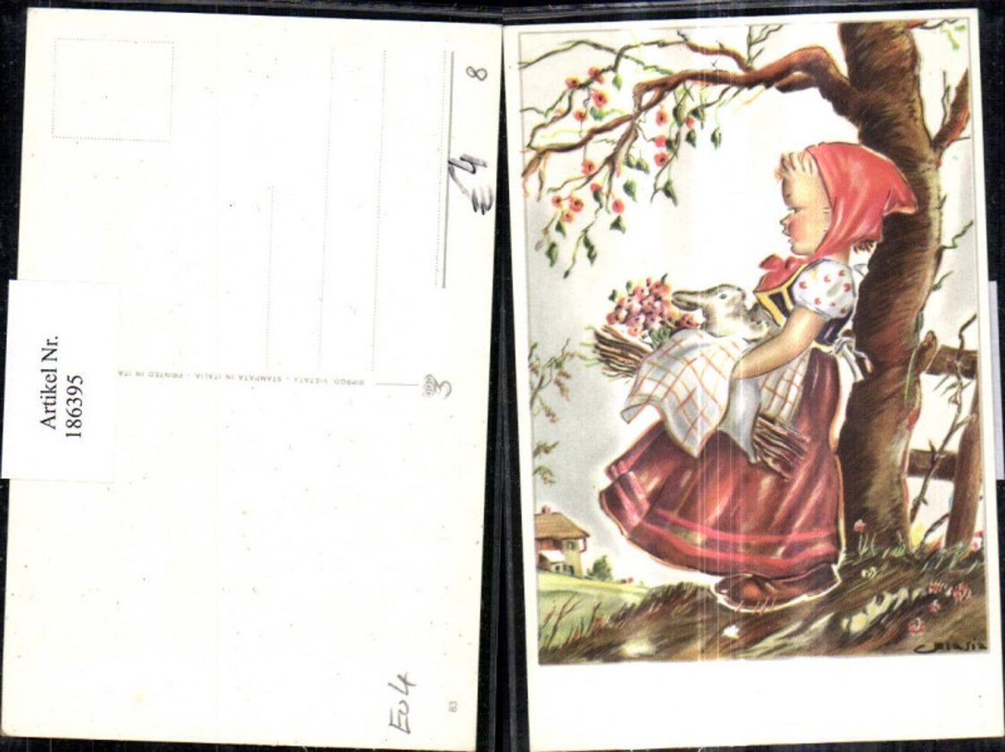 186395,Kind Mädchen b. Baum m. Hasen