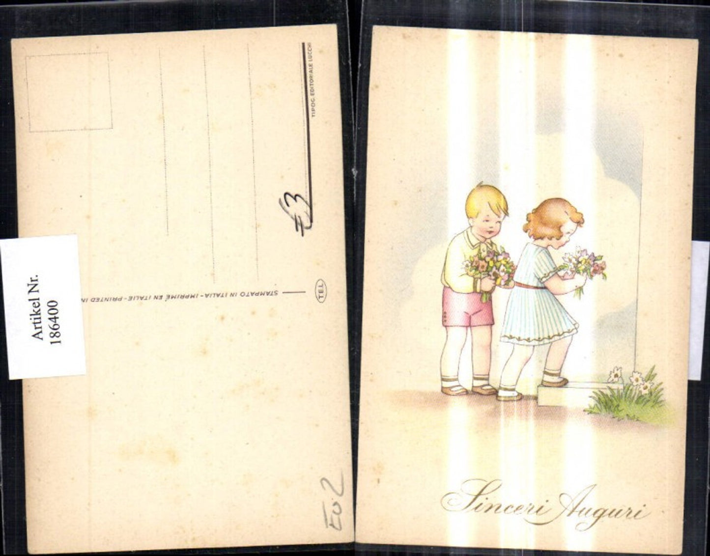 186400,Kinder m. Blumen Linceri Auguri Goldschrift