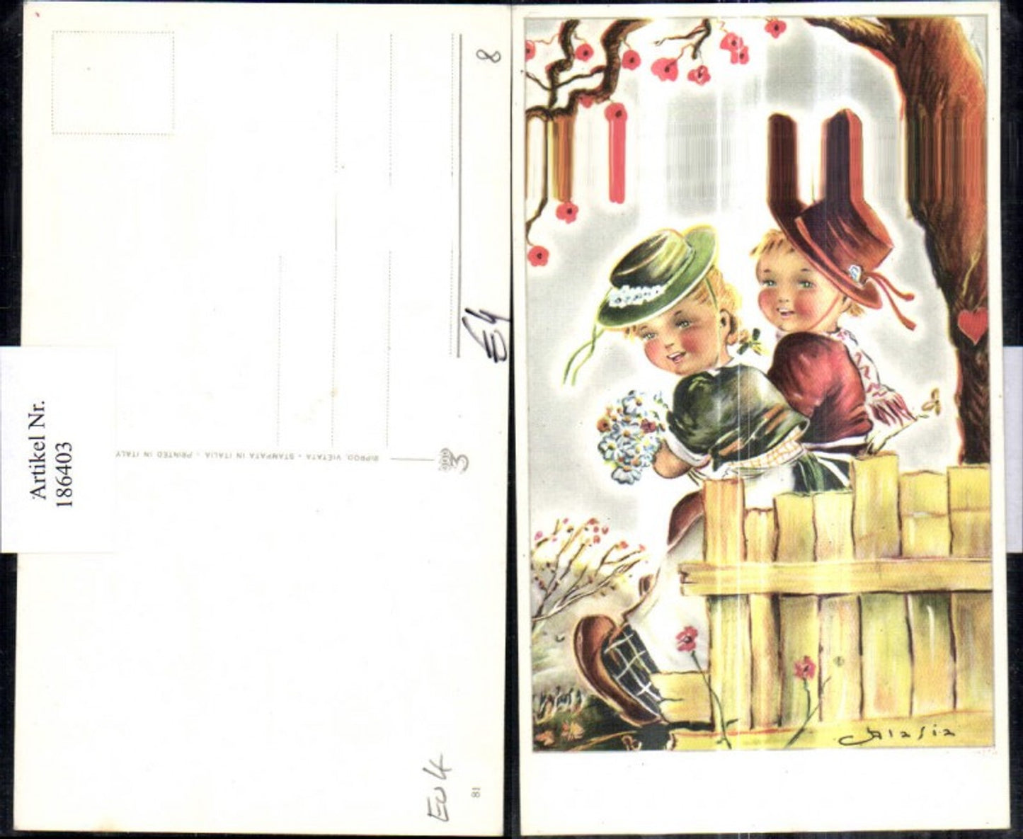 186403,Kinder Mädchen m. Hut Tracht b. Zaun