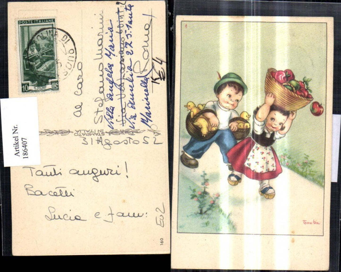 186407,Künstler Ak Tomba Kinder Korb m. Enten Küken Äpfel