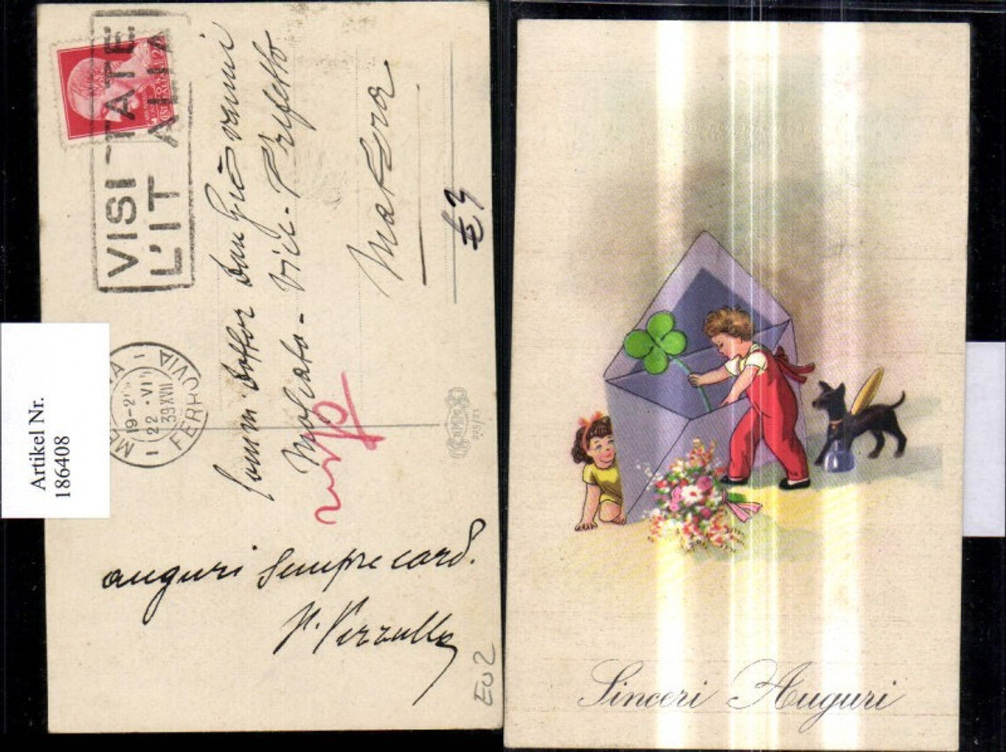 186408,Kinder m. Brief Kuvert Blumen Hund Kleeblatt Sinceri Auguri