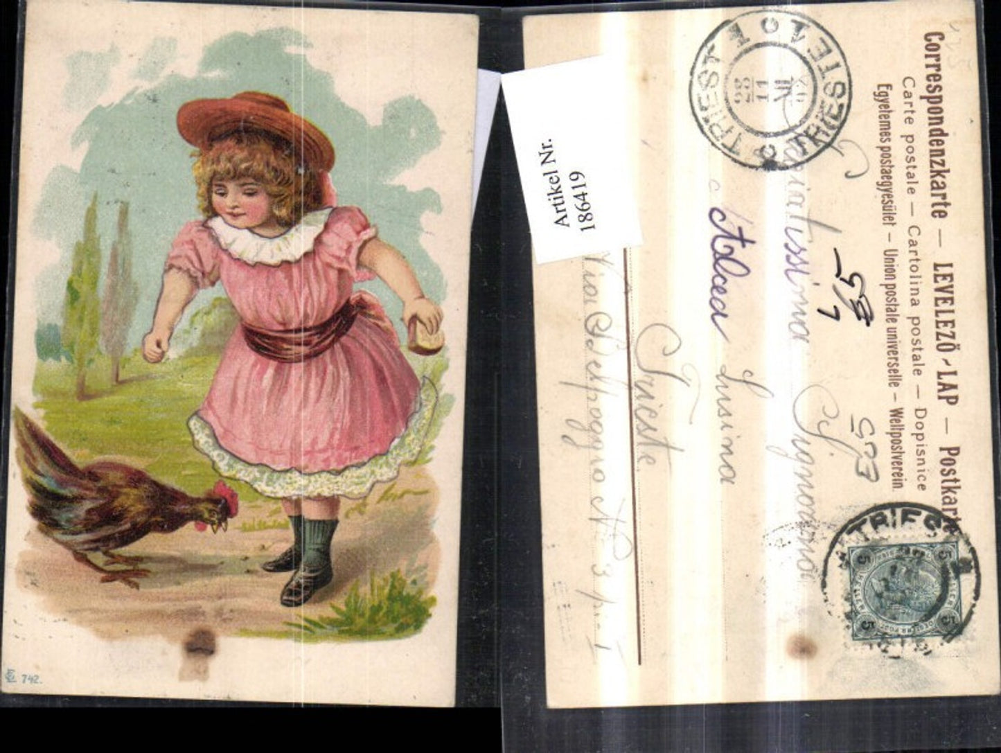 186419,Litho Kind Mädchen m. Hahn Huhn