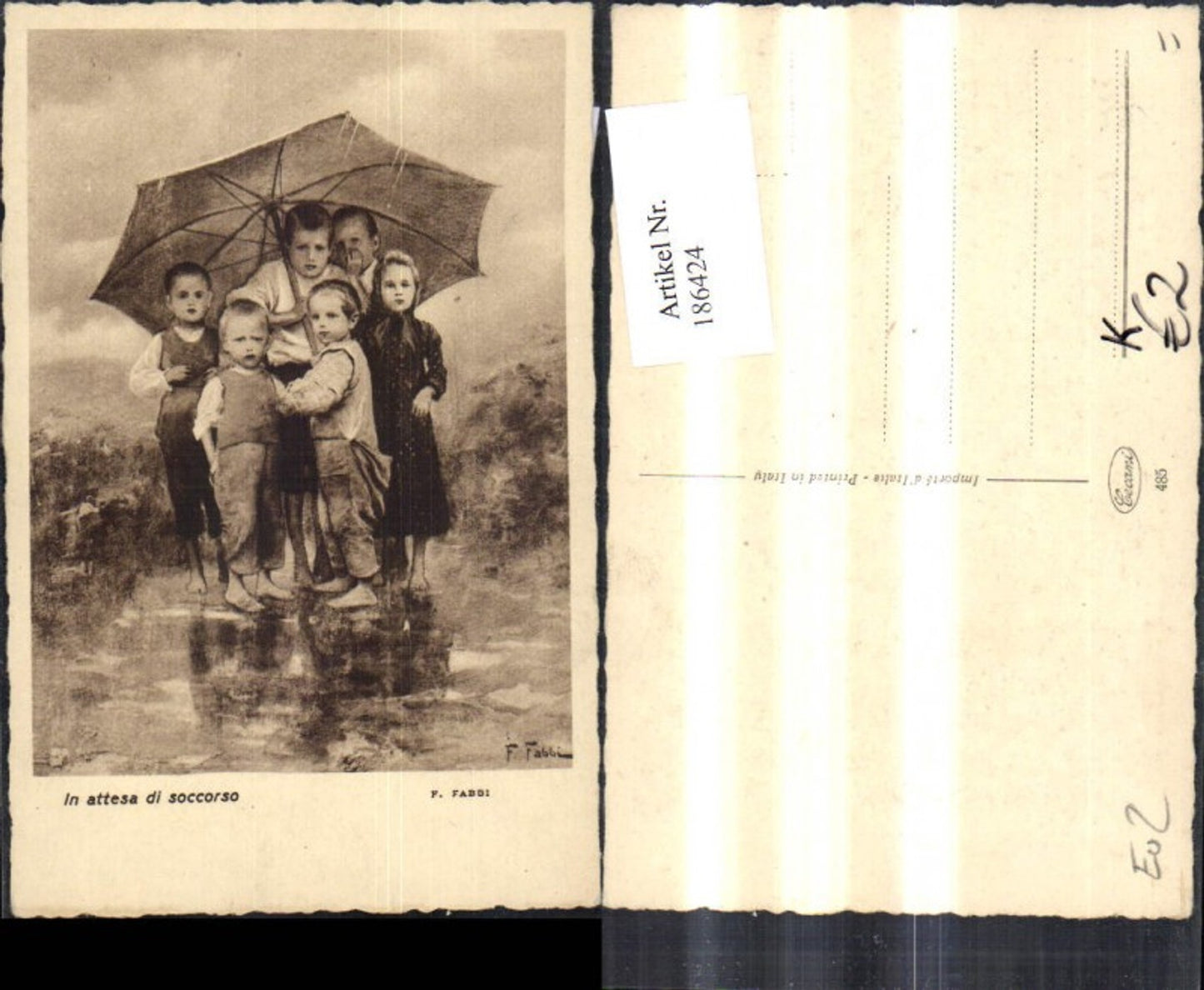 186424,Künstler Ak F. Fabbi Kind Kinder unter Regenschirm In attesa si soccorso