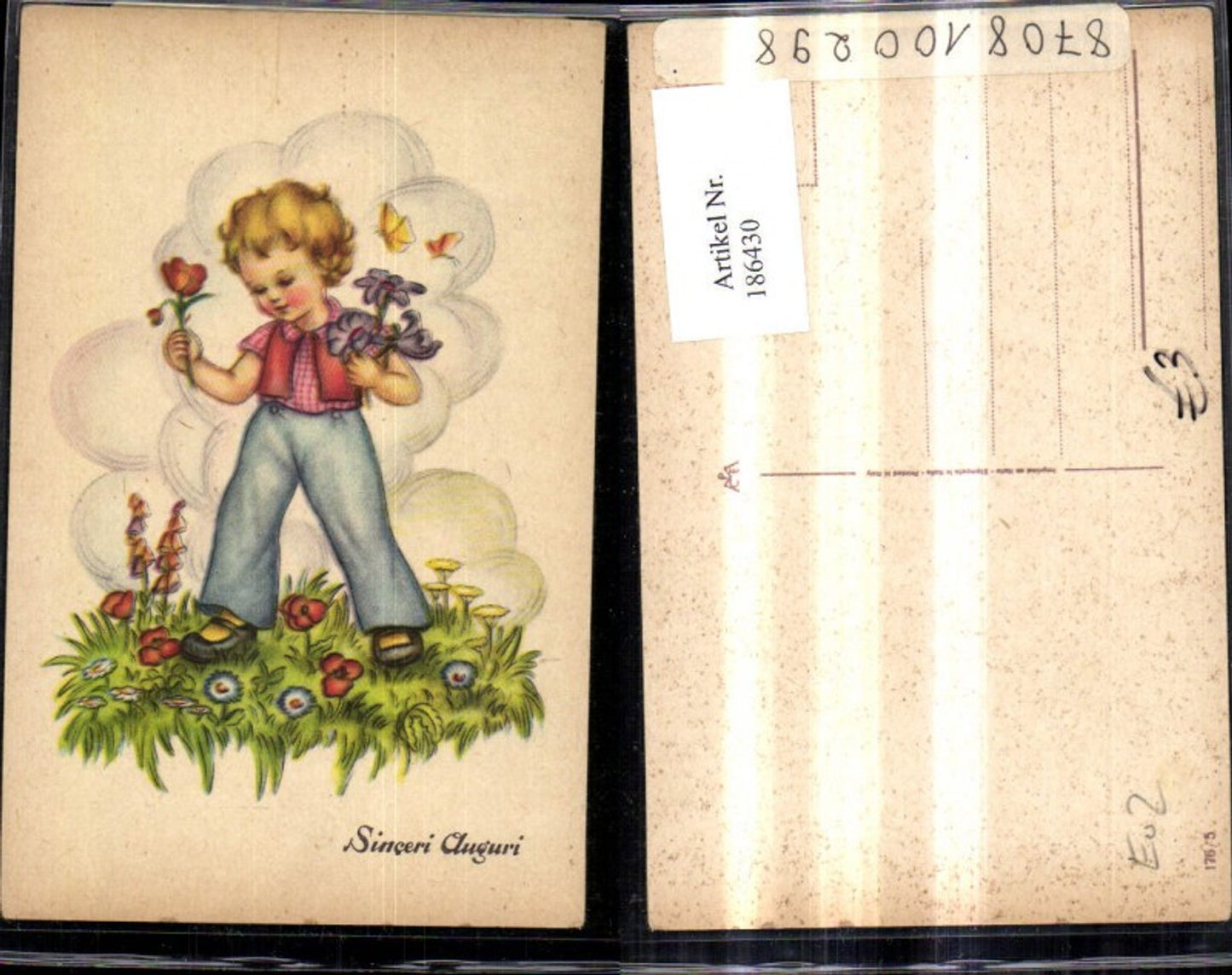 186430,Kind Junge m. Blumen Schmetterling Wiese Sinceri Auguri